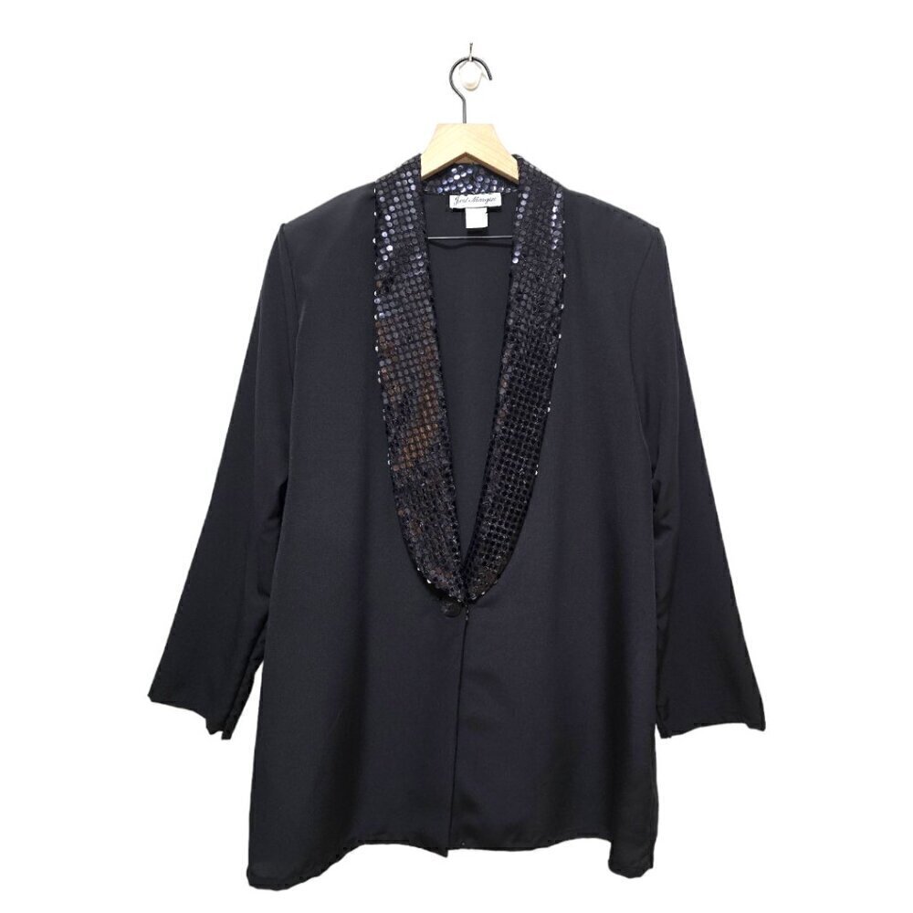 Jeri Marque Vintage Black Sequin Sheer Long Dressy Formal Blazer Jacket Sz M